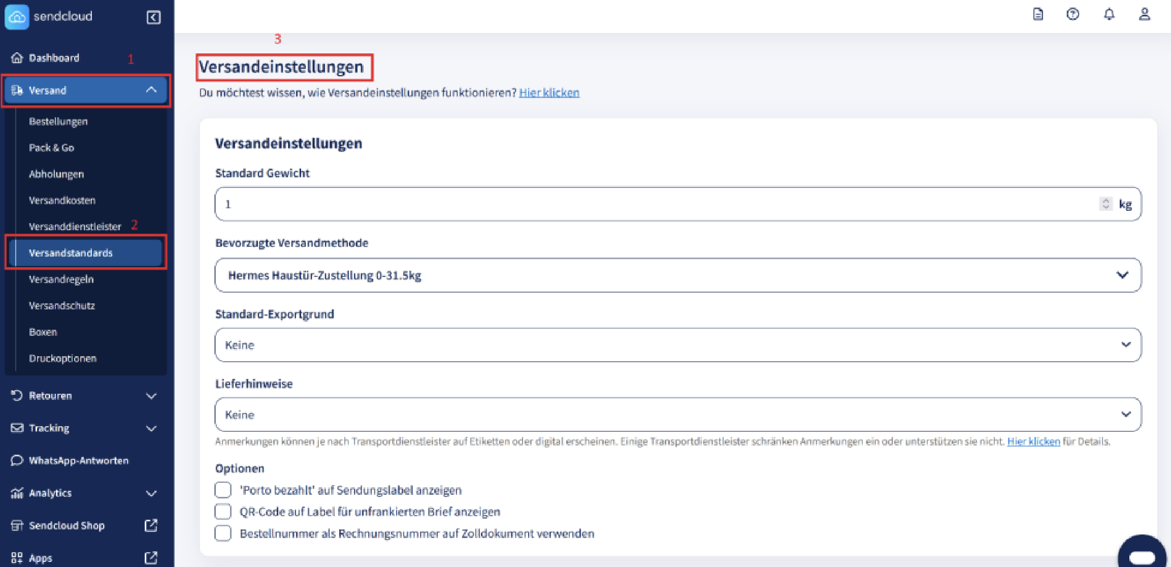 Versand- und Retoureneinstellungen in Sendcloud