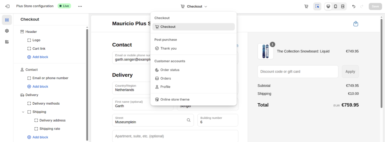 Seleziona Check-out nell'editor del tema