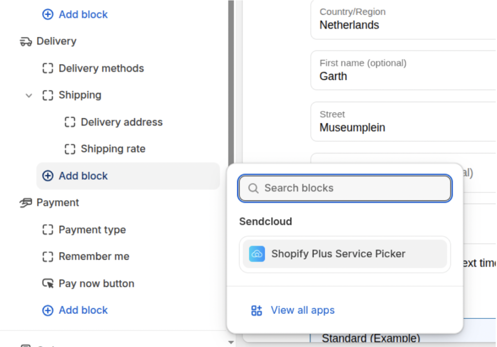 Scegli il blocco app Shopify Plus Service Picker