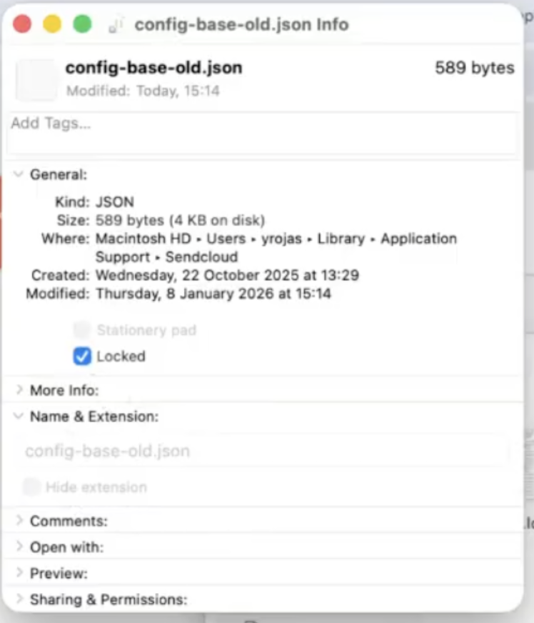 Get Info window for the configuration file