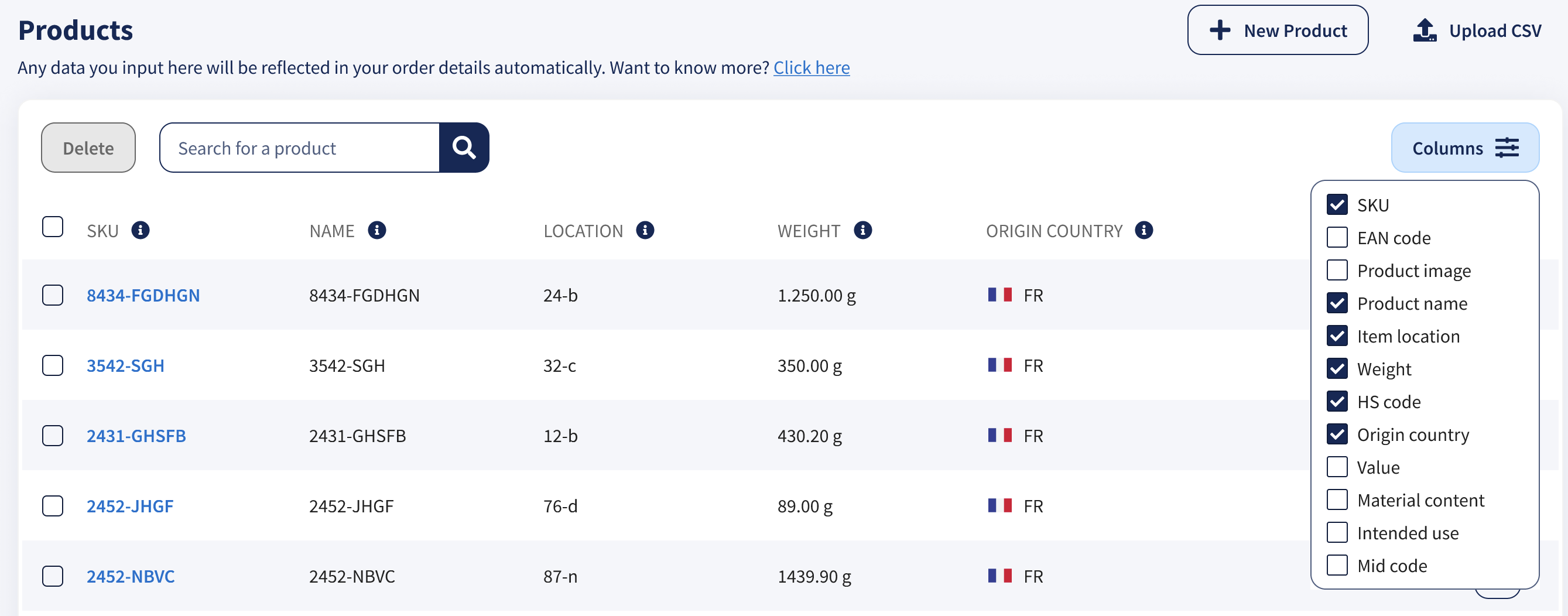 Customize product table columns