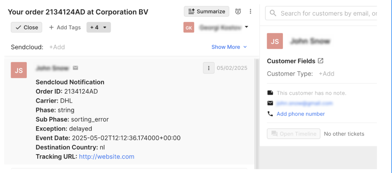 Example of automatically created Gorgias tickets from Sendcloud events