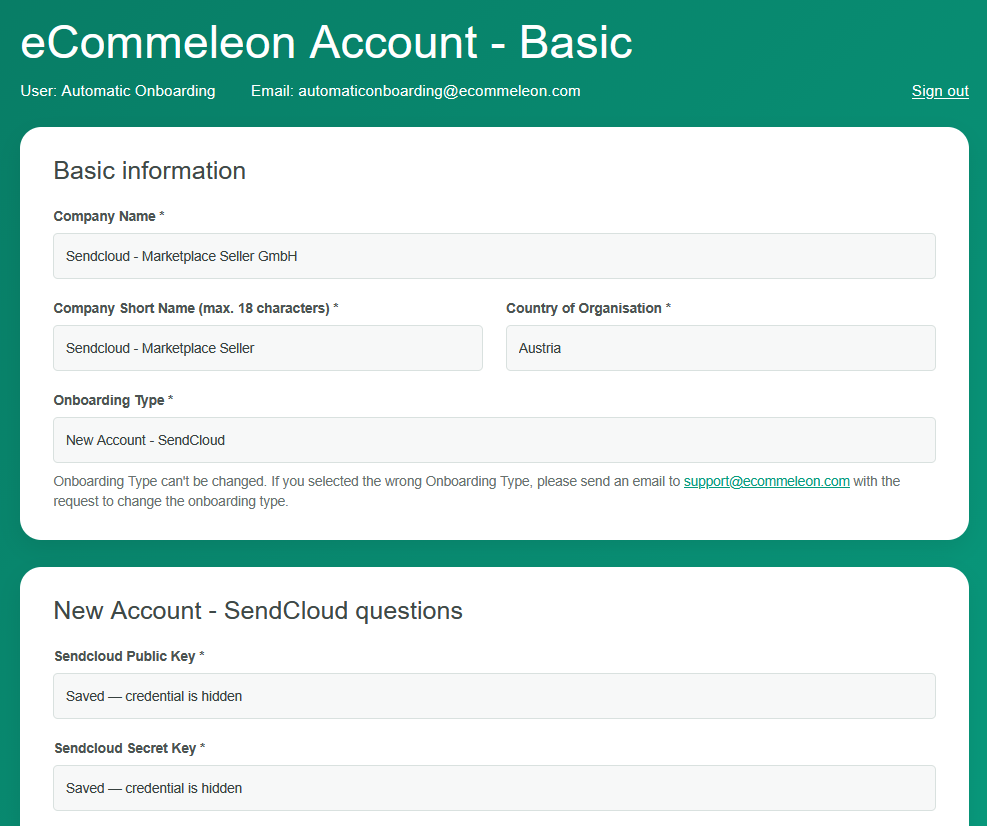 Basic eCommeleon account after onboarding