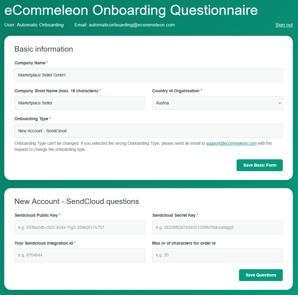 eCommeleon onboarding questionnaire with Sendcloud account details