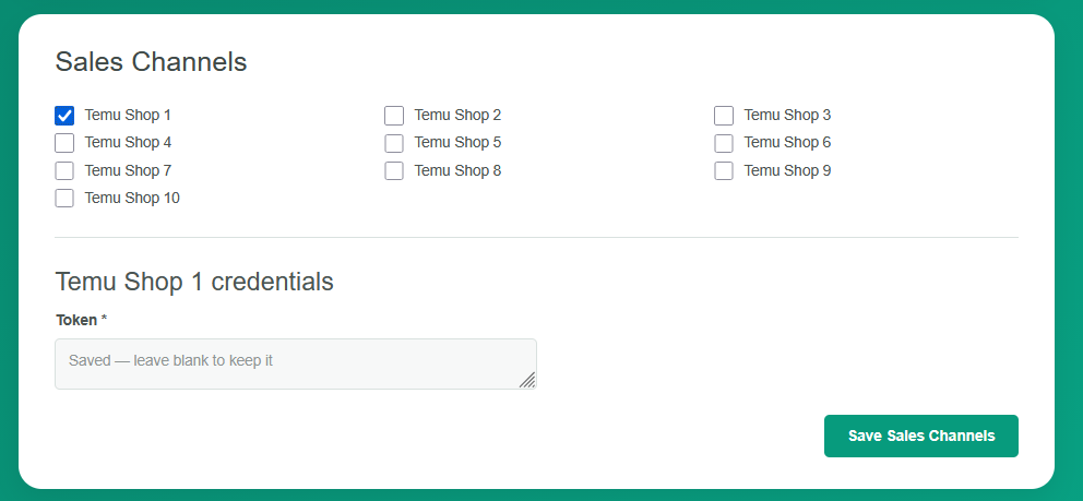 TEMU Shop credentials section in the eCommeleon onboarding questionnaire