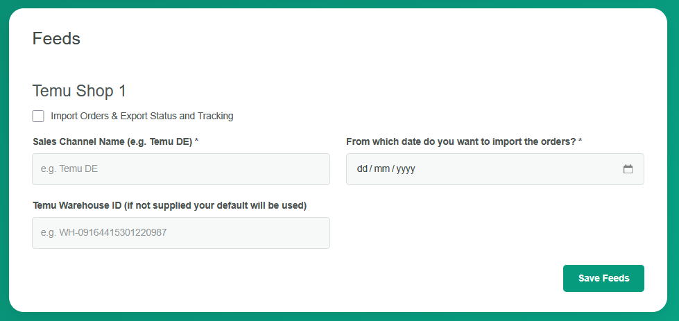 TEMU feed configuration in the eCommeleon onboarding questionnaire