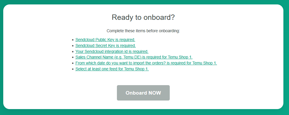 eCommeleon Ready to onboard section showing missing required fields