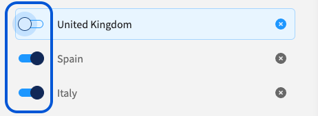 Example of deactivating a country template with the toggle