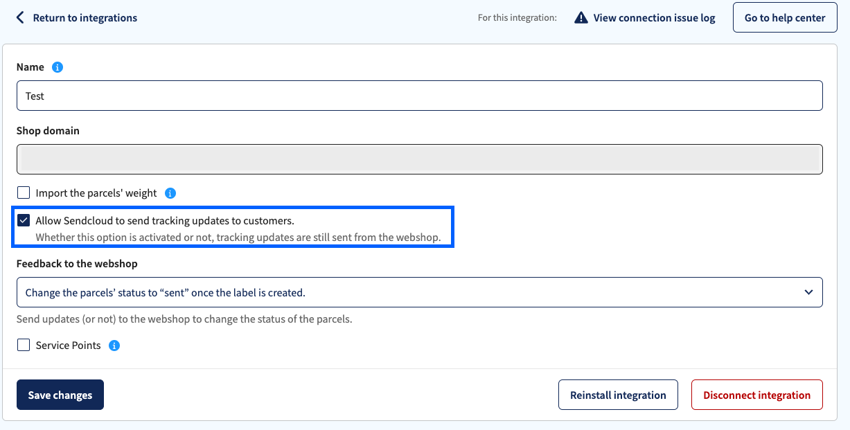 Integration configuration option for allowing Sendcloud to send tracking updates