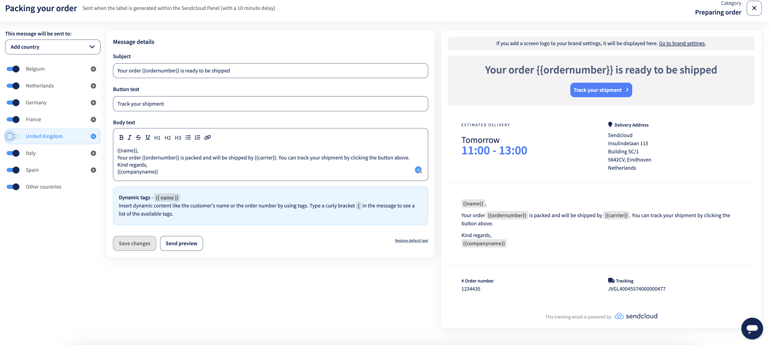 Country-specific tracking email settings