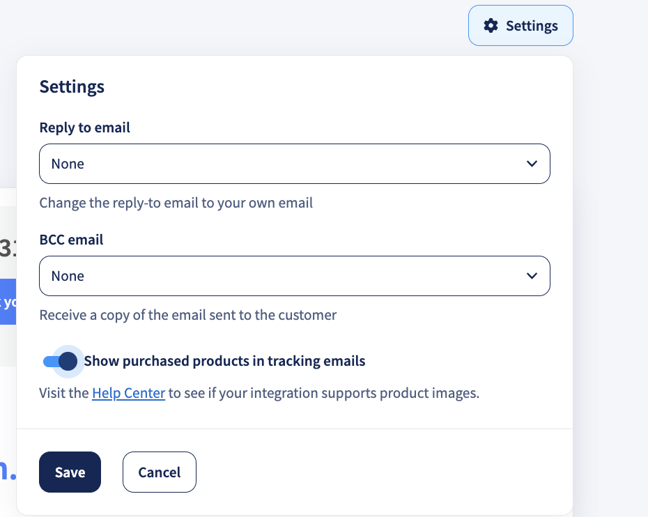 Show purchased products in tracking emails setting