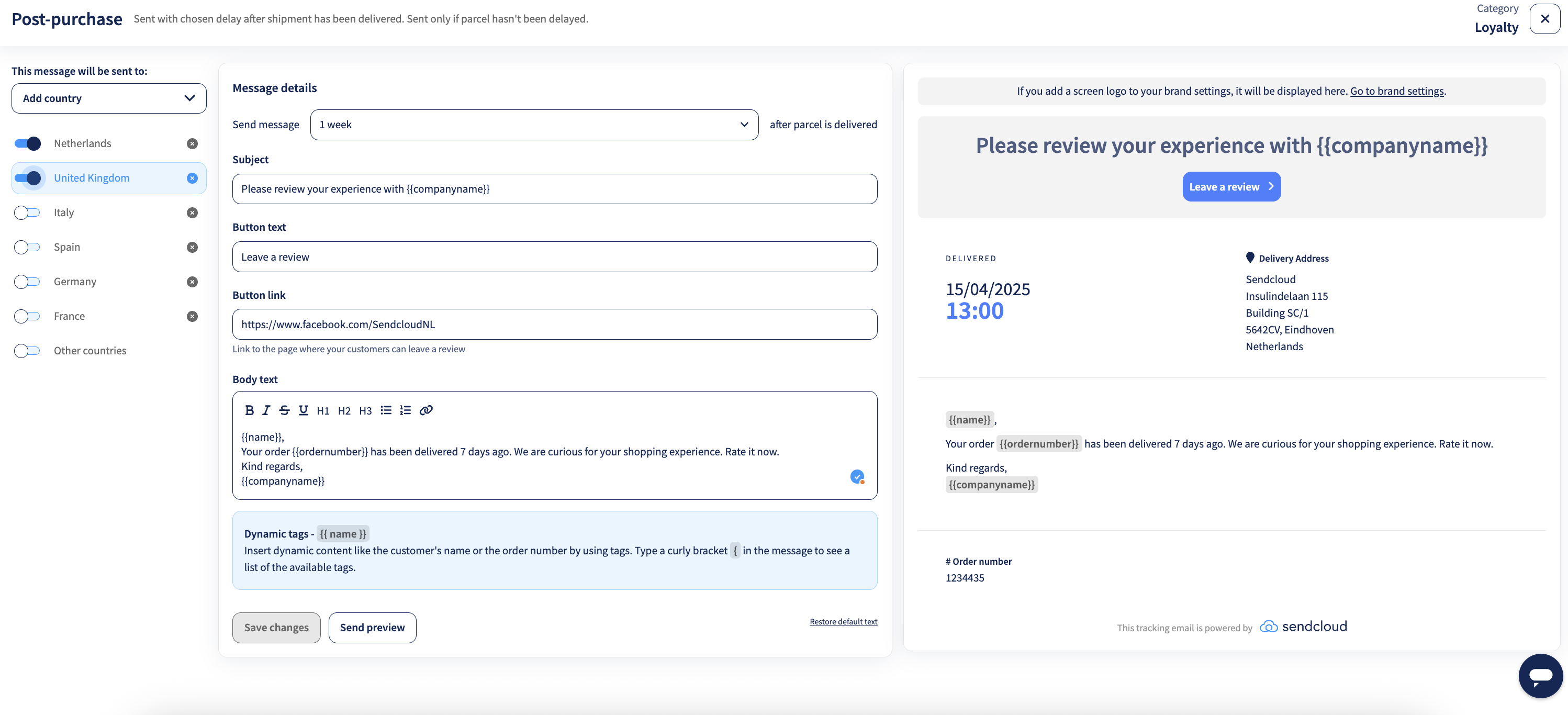 Post-purchase email settings