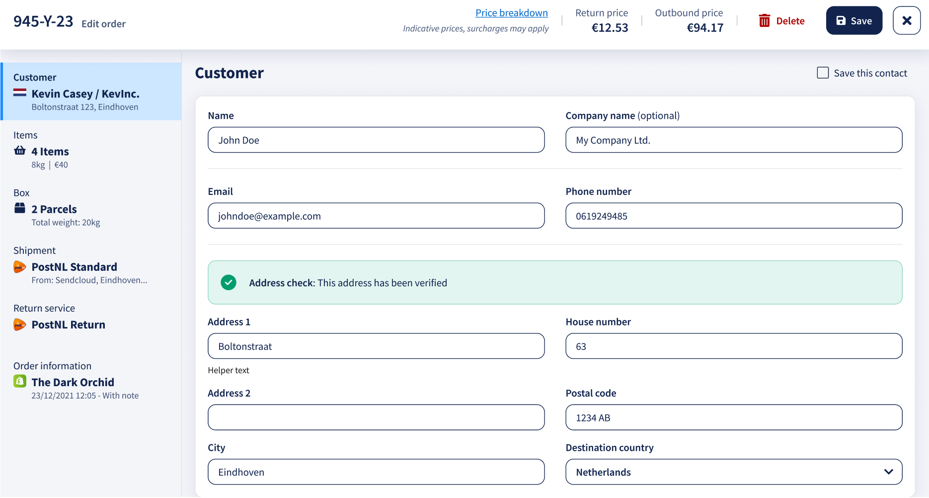 Ordereditor met banner voor geverifieerd adres