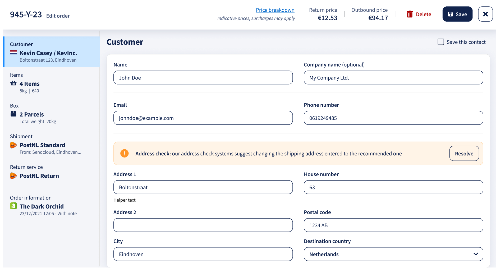 Ordereditor met een adresaanbeveling en een knop Oplossen