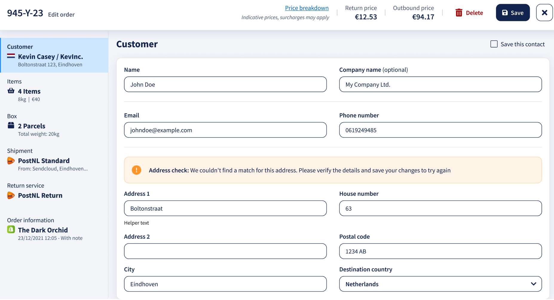 Ordereditor die aangeeft dat er geen match voor het adres is gevonden
