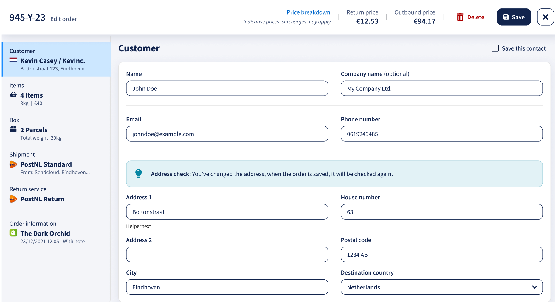 Ordereditor die aangeeft dat het adres is gewijzigd en opnieuw wordt gecontroleerd